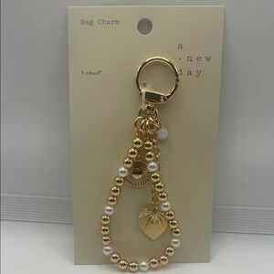 a new day Gold and White Beaded Heart Bag Charm Keychain